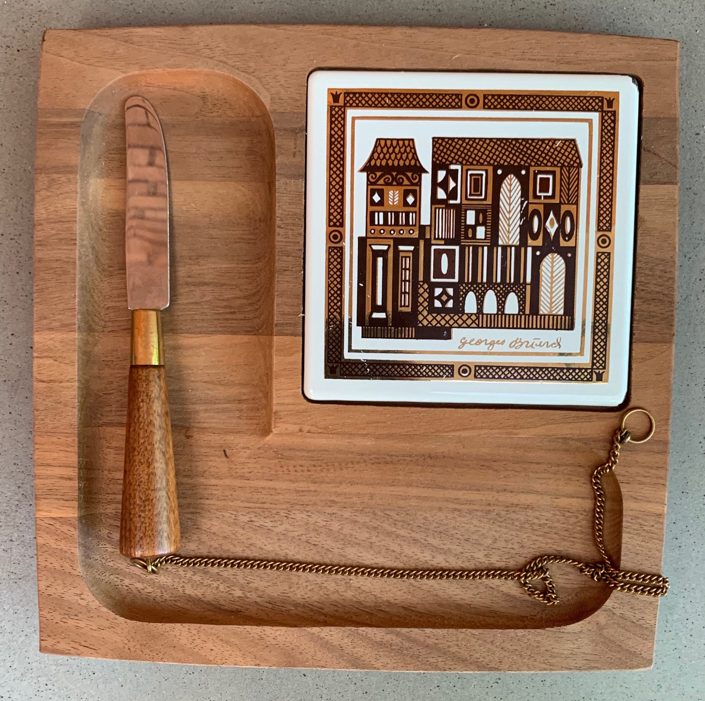 Vintage Briard Wooden Cheese Board Tray Platter Stainless Steel