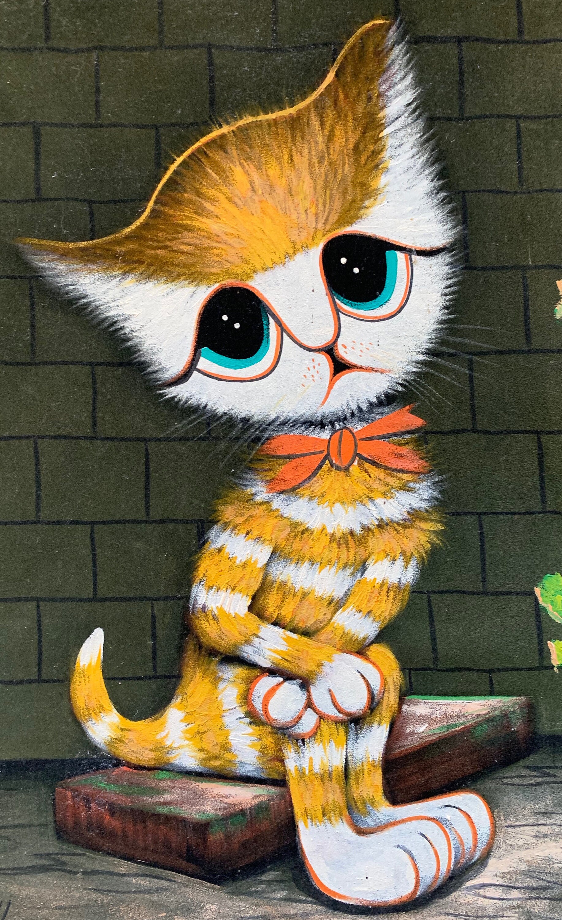 Rare Vintage 60s Tanglao Sad Cat Velvet Painting Mid Century Modern