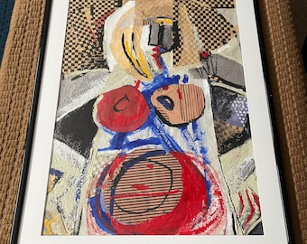 Vintage 80s Abstract Mixed Media Painting Figural Modern Art Wall Hanging Signed Audrey Johnson
