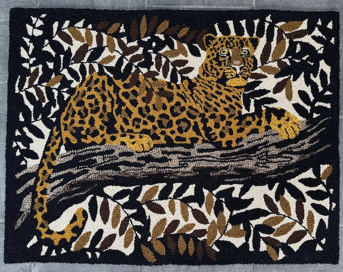 Vintage MCM Leopard Cat Tree Wool Tapestry Rug Wall Hanging 60s 70s Textile Art