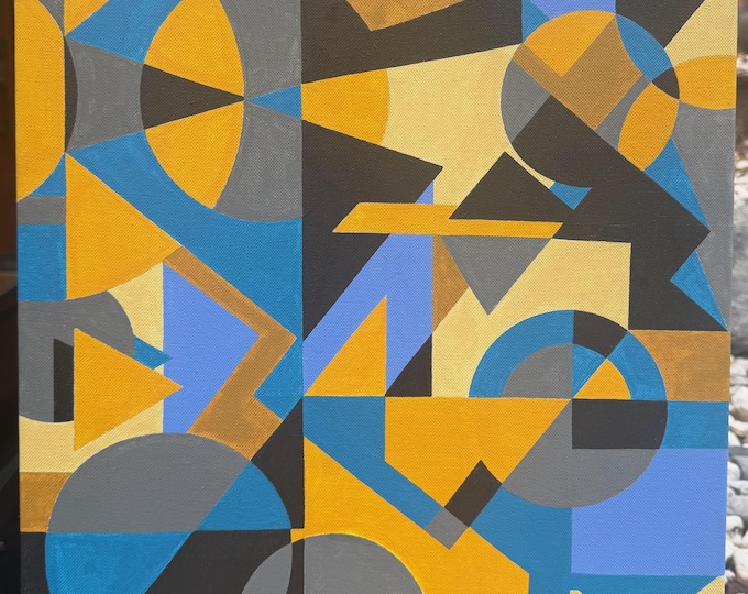 Vintage Abstract Shapes Acrylic Canvas Painting Multi-Color Modern Art Wall Hanging Timothy Long 70s (4)
