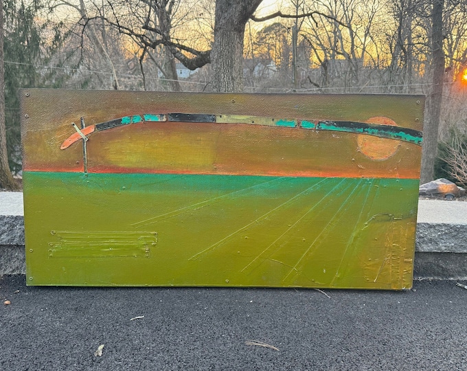 Vintage Abstract Sunset Mixed Media Painting Modern Art MCM Mid Century Green
