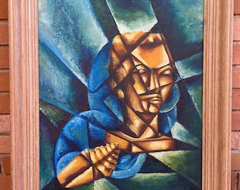 Framed Vintage 60s Cubist Bust Oil Painting Mid Century Modern Art Wal Hanging