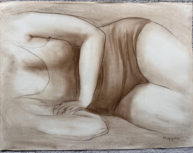 Vintage Woman Posing Charcoal Drawings Illustration Modern Art Signed Higgins 27