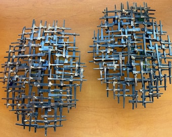 Pair Vintage MCM Brutalist Wall Sconces Metal Sculptural Art Mid Century Modern 70s