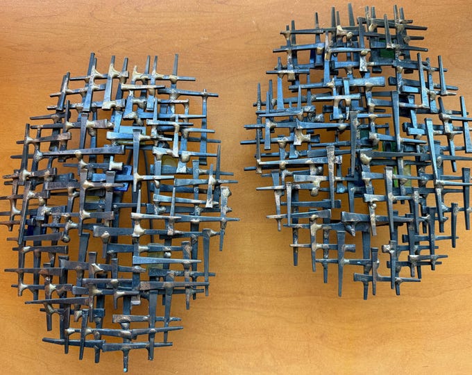 Pair Vintage MCM Brutalist Wall Sconces Metal Sculptural Art Mid Century Modern 70s