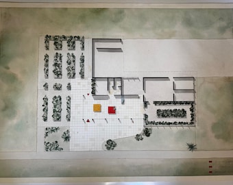 Vintage Architectural Schematic Floorplan Rendering Illustration Signed Higgins