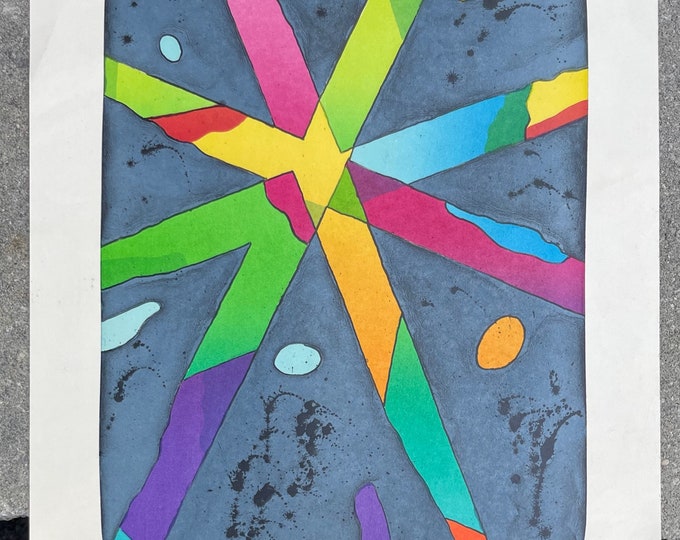 Colorful Vintage 90s Abstract Shape Screen Print Modern Art Wall Hanging Signed