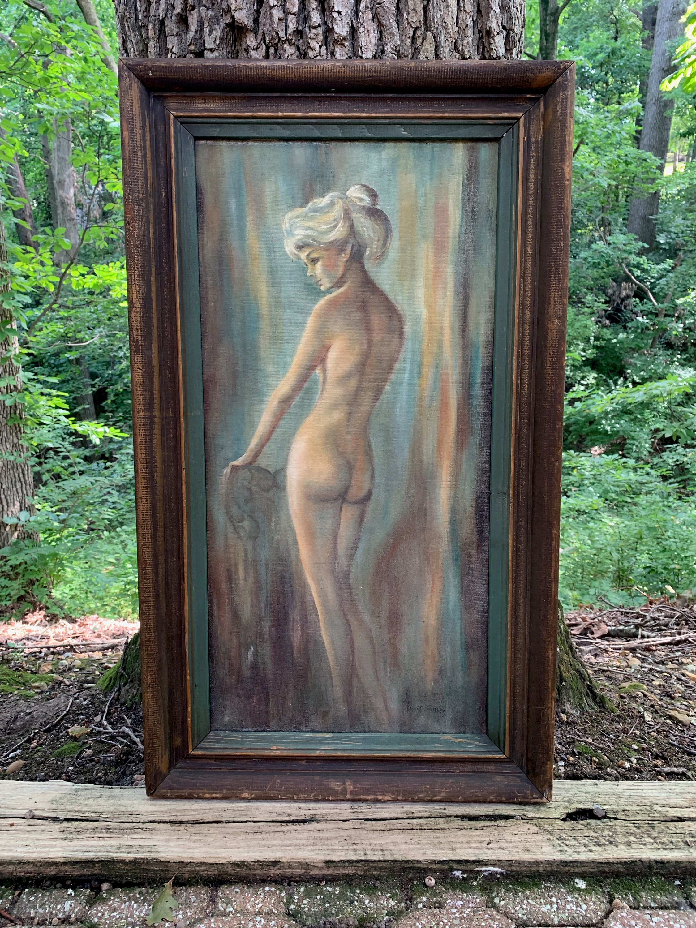 Vintage 50s 60s Naked Nude Woman Oil Painting Mid Century Modern Signed  Framed