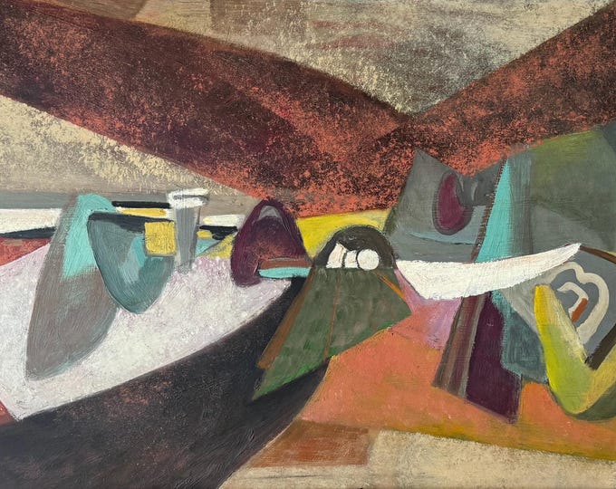 Vintage MCM Abstract Shapes Oil Painting Modern Wall Art Schultz Mid Century 50s