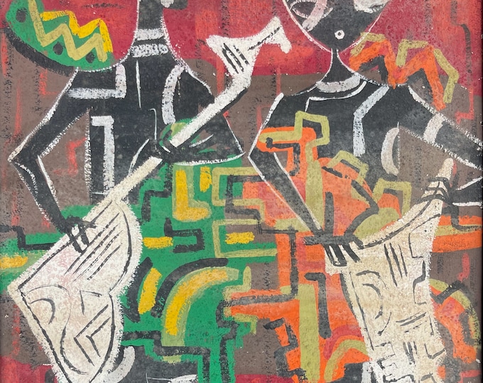 Vintage 50s Abstract Cubist Musicians Figural Oil Painting MCM Mid Century Modern Signed Perez
