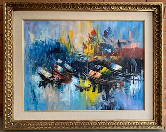 Vintage 60s Abstract Oil Painting Hong Kong Nautical Boats Mid Century Modern Art Signed. Asian Themed