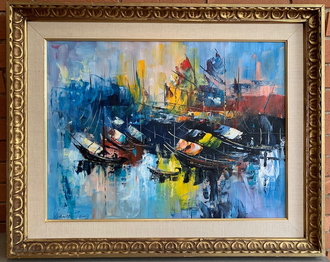 Vintage 60s Abstract Oil Painting Hong Kong Nautical Boats Mid Century Modern Art Signed. Asian Themed