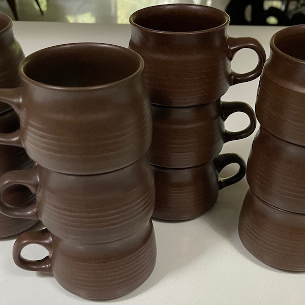 Vintage 70s Denby Langley Mayflower Matte Brown Handled Stoneware Cups England MCM Mid Century