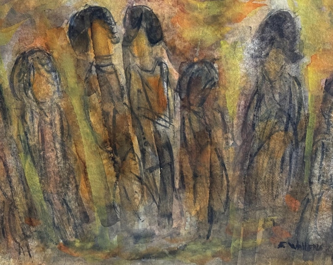 Vintage MCM Figural Watercolor Painting Mid Century Modern Art Signed Wallens