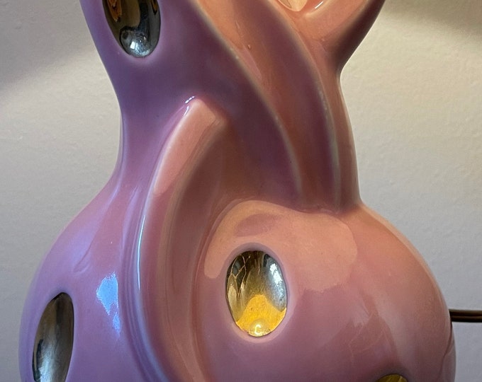 Vintage 1950s 60s Pink Gold Ceramic Lamp Mid Century Modern Atomic Era Fiberglass Shade