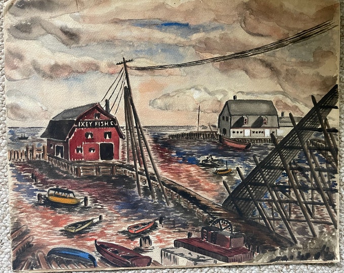Vintage 50s Nautical Seascape Watercolor Painting Modern Wall Art Signed Russell