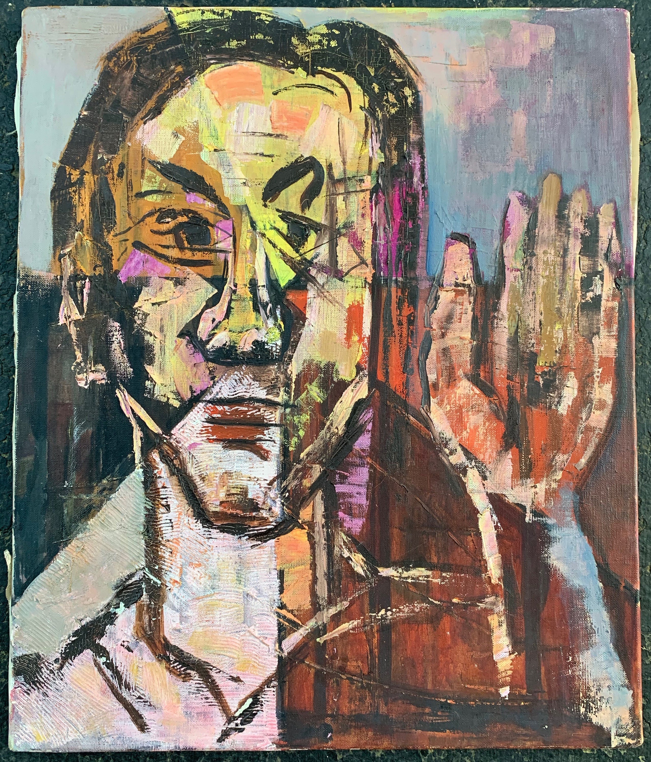 Colorful Textured Vintage 1970s Abstract Portrait Painting Wall Hanging