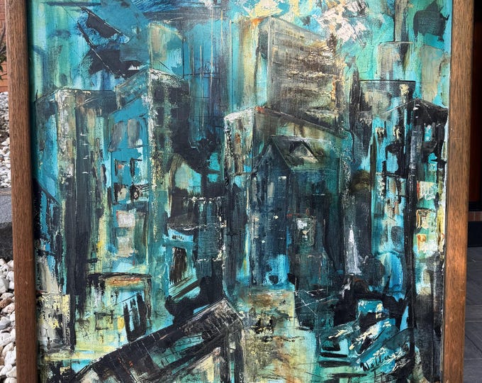 Vintage MCM Abstract Landscape Architectural Oil Painting Mid Century Modern 60s Signed Webber