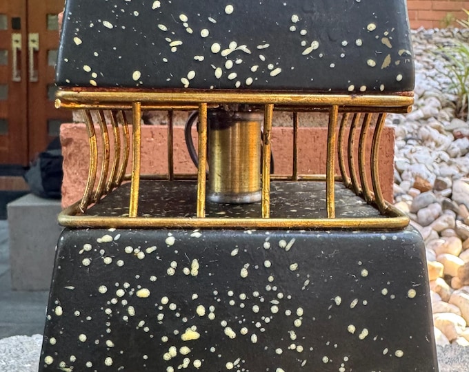 Vintage MCM Black Yellow Ceramic Brass Lamp Pyramidal Mid Century Atomic 1950s