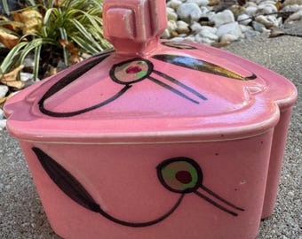 Vintage Hand Painted MCM Ceramic Pink Bird Stylized Lidded Dish Mid Century Modern 50s 60s
