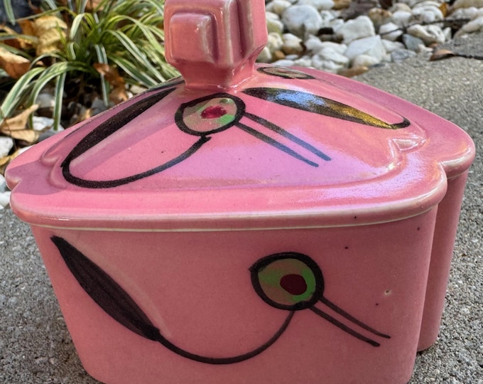 Vintage Hand Painted MCM Ceramic Pink Bird Stylized Lidded Dish Mid Century Modern 50s 60s