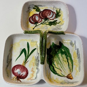 Vintage Hand Painted Divided Vegetable Serving Dish Tray Platter Handled Italy