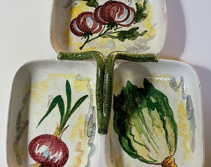 Vintage Hand Painted Divided Vegetable Serving Dish Tray Platter Handled Italy