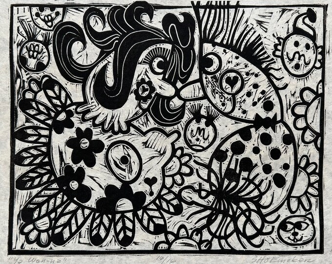 Vintage 70s Chuck Shoemaker Black White Woodcut Print Figural Modern Art - 2
