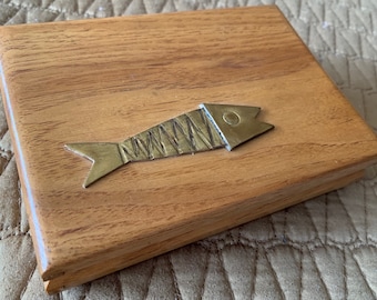 Contemporary 90s Wood Brass Atomic Fish Storage Trinket Box + Lid Modern Bob Gillis