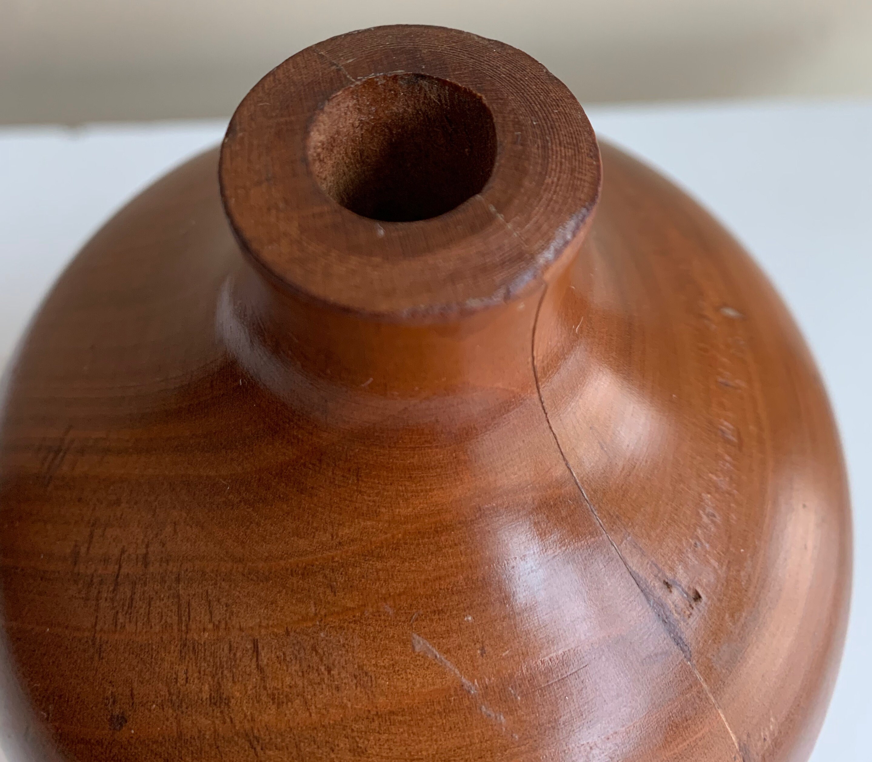 Nice Small Vintage 70s Hand Turned Rounded Decorative Wood Vase Vessel