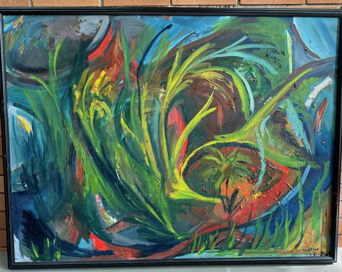 Vintage MCM Multi-color Abstract Oil Painting Framed Signed Thaxton Modern Art