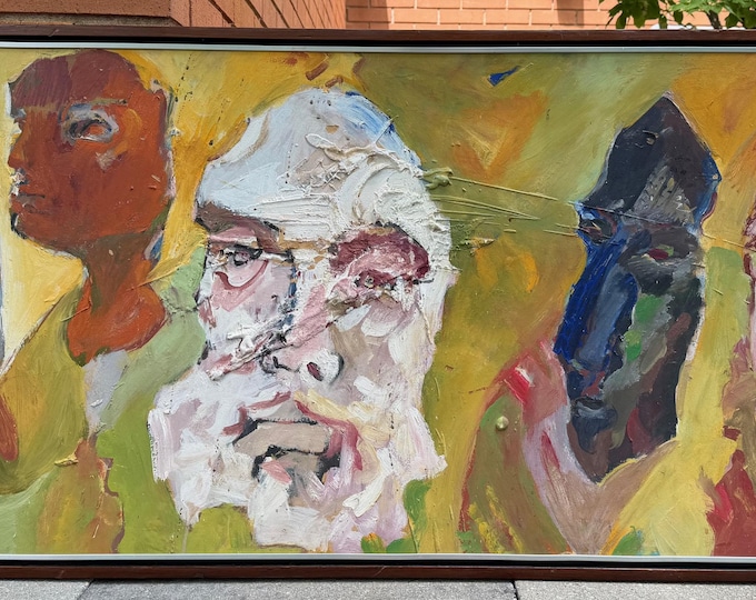 Large Vintage 1970s Abstract Faces Oil Painting Modern Art Wall hanging Signed