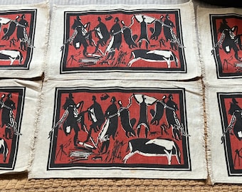 Set 6 Vintage Korhogo Abstract Figural Tribal Cotton Placemats Textiles MCM Africa Modern