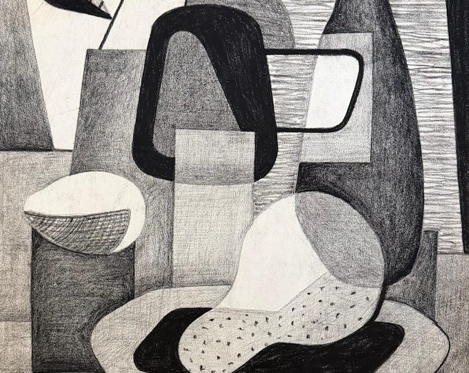 Vintage Abstract Still Life Charcoal Drawing Illustration Mid Century Modern Art Signed Lauchner