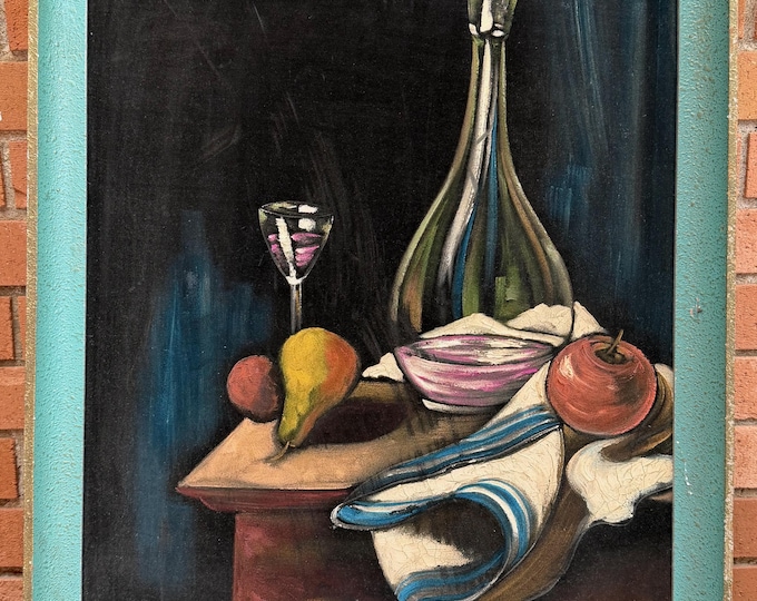 Vintage MCM 1960s Black Velvet Still Life Acrylic Painting Mid Century Modern Wall Art