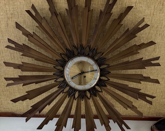 Vintage MCM Metal Brass Starburst Clock Sculptural Mid Century Modern German 60s