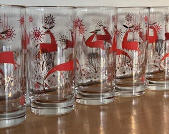 Vintage MCM Libbey Atomic Reindeer Glasses Stylized Mid Century Christmas 50s