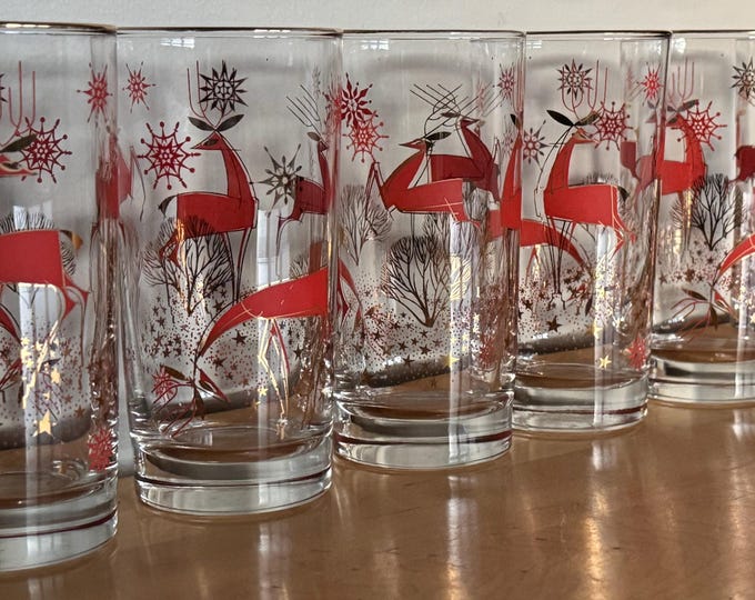 Vintage MCM Libbey Atomic Reindeer Glasses Stylized Mid Century Christmas 50s