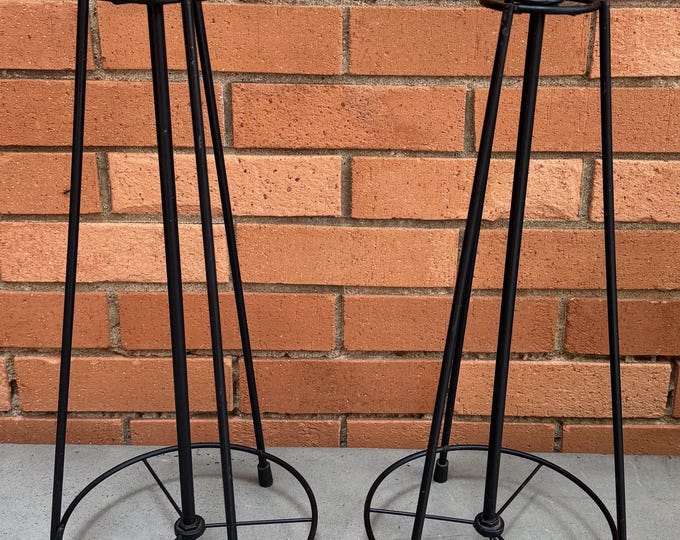 Pair Vintage MCM Black Metal Iron Tripod Lamps Mid Century Modern Atomic Era 50s