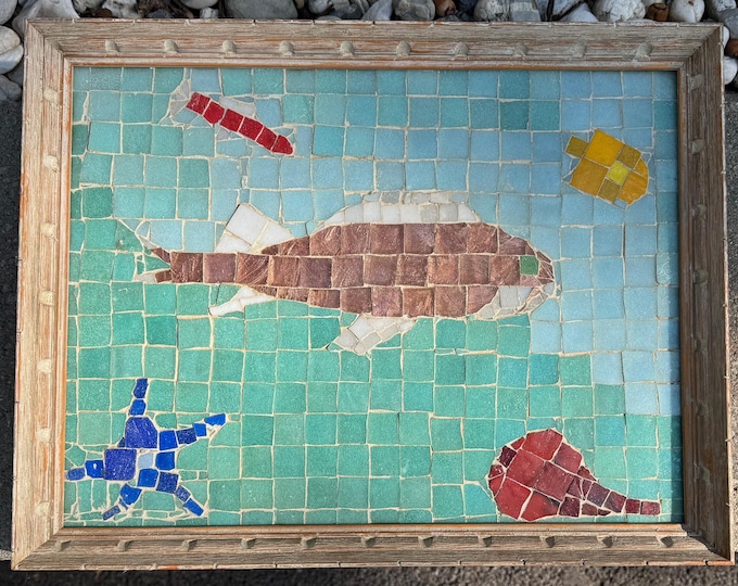 Vintage MCM Fish Aquatic Sealife Tile Mosaic Wall Hanging Mid Century Art Modern