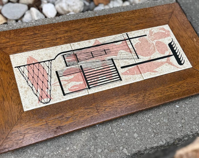 Vintage 50s MCM Wood Ceramic Tile Fish Sealife Art Platter Tray Mid Century Atomic Era