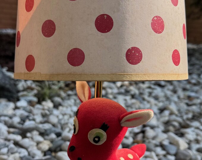 Vintage 1960s Red Plush Deer Fawn Children's Lamp Mid Century Kitsch Lighting