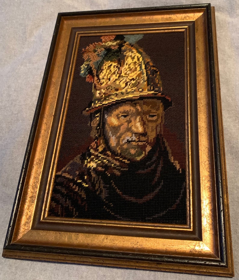 Vintage Rembrandt Man Gold Helmet Framed Needlepoint Modern Art Wall Hanging