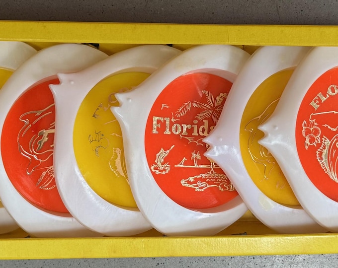 Vintage Plastic Angel Fish Drink Coasters Mid Century Kitsch Florida Souvenir 60s
