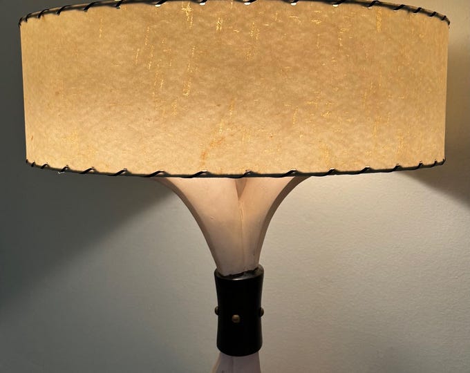 Vintage 1950s Chalkware Lamp Colonial Arts Fiberglass Shade Mid Century Lighting Atomic Era