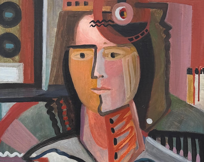 Vintage MCM Abstract Cubist Painting Portrait Woman Mid Century Modern Signed Elaine Small 70s Art