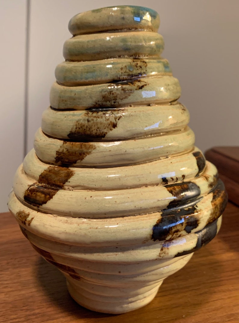Bulbous Vintage 70s Ribbed Studio Pottery Ceramic Vase Mid Century Modern