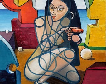 Surreal Abstract Nude Woman Oil Painting Modern Art Wall Hanging Stan Jones 90s