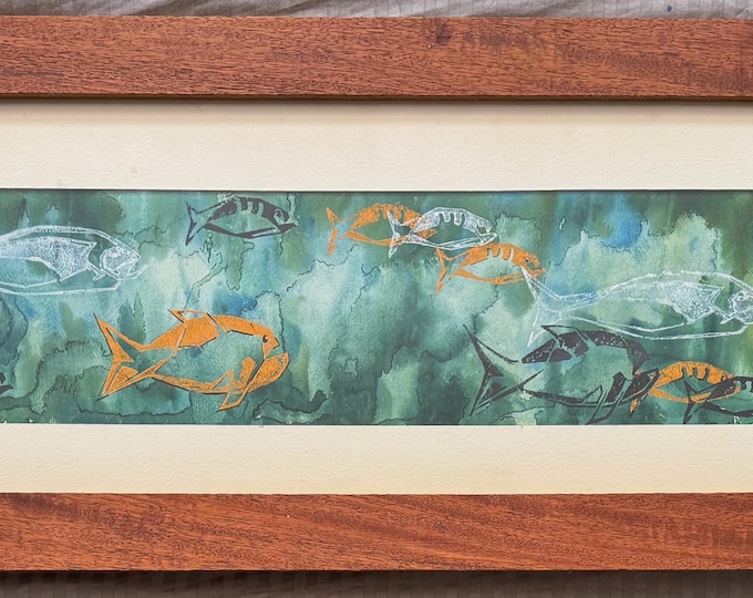 Vintage MCM Abstract Fish Watercolor Painting Mid Century Modern Art 60s Atomic